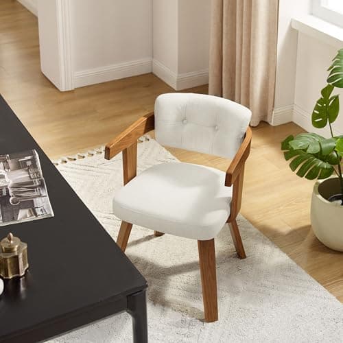 Art Leon Office Chair No Wheels - Mid Century Modern Desk Chair, Fabric Upholstered Accent Arm Chair with Wood Legs for Small Spaces Home Office Living Room Bedroom Study, Off White/Walnut 7