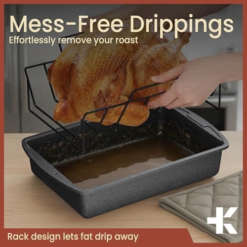 BAKKEN Nonstick Turkey Roasting Pan with Rack – 17 X 13 inch, Large Heavy-Duty Carbon Steel Roasting Pan, Wide Handles, Versatile for Baking, Grilling, & Roasting, Oven Safe Up to 450°F, Gray Marble 8
