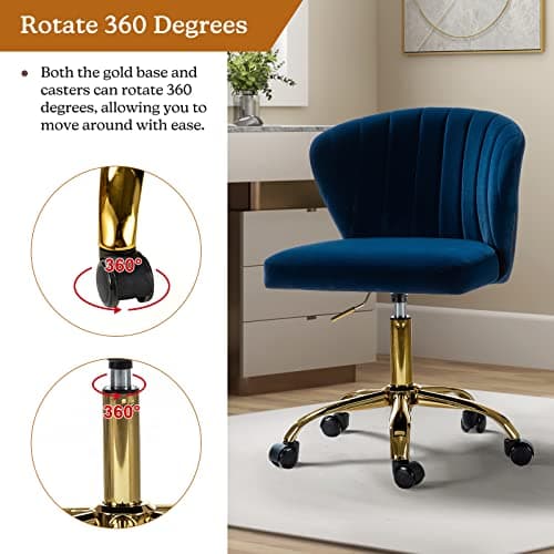 TINA'S HOME Office Desk Chairs with Wheels & Gold Base, Modern Velvet Cute Armless Office Chair, Adjustable Low Back Swivel Rolling Chair, Upholstered Task Chair for Living Room Vanity Study-Navy 5
