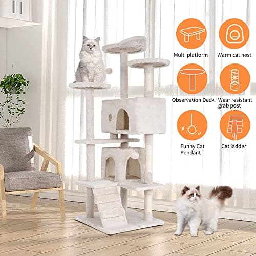 BestPet | 54" Cat Tree Tower | Beige | Sturdy, Easy to Assemble, Multi-Level Activity Center with Sisal Scratching Posts, Condos, Perches, Hanging Cat Toys, Observation Decks & Ladder 5