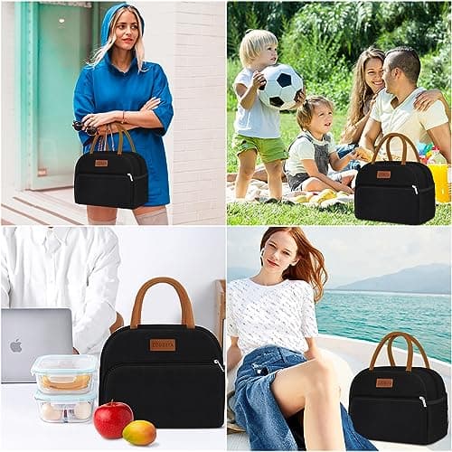 Coobiiya Lunch Box Lunch Bag for Women Men,Reusable Cute Lunch Pail bag,Leakproof,Insulated LunchBox Tote Compact 10L, Cooler Lunch Container for Work Travel Office (Black) 6