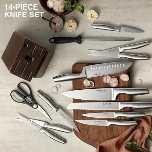 Knife Block Set, Kitchen Knife Sets with Block, FIKSHOT Knives Set - Razor-Sharp Santoku Knives, Fruit and Kitchen Sets - Rust Resistant for Homecooks (Silver + Walnut) 4