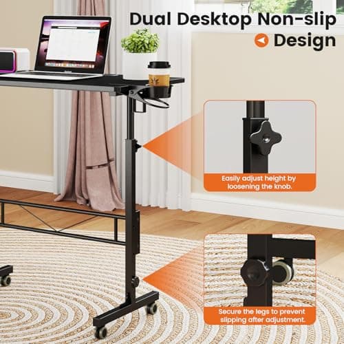 Hadulcet Small Standing Desk Adjustable Height, Mobile Stand Up Desk with Wheels, Portable Walking Pad Table Stand, Rolling Laptop Cart for Standing or Sitting, Black 8