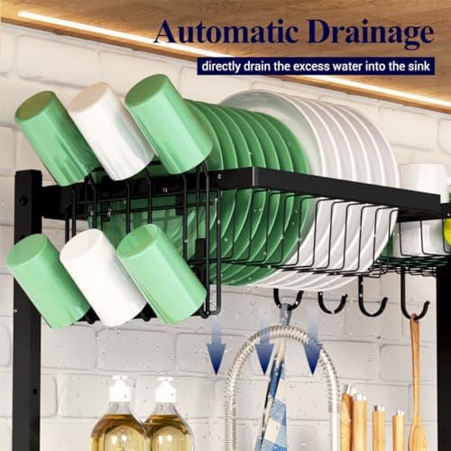 Kitsure Over The Sink Dish Drying Rack - 23.6'' to 35''x21.2'', for Kitchen with Large Capacity, 2-Tier Adjustable Dish Rack Over Sink with Multifunctional Baskets,Black 6