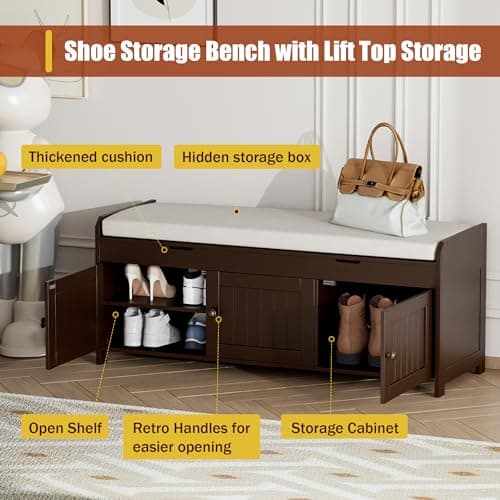 HOMEFORT 41.3" Shoe Bench with Lift Top Storage, Entryway Bench with Cushioned Seat, Wooden End of Bed Bench, Shoe Cabinet Bench with Hidden Storage Space, for Bedroom, Hallway,Espresso 5