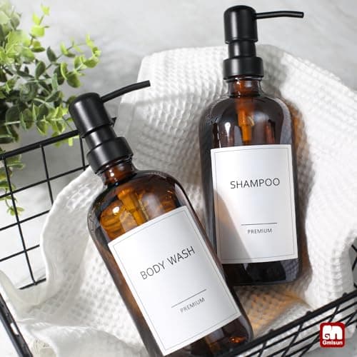 GMISUN Amber Glass Soap Dispenser, 2 Pack Bathroom Hand Soap Dispensers with Stainless Steel Pump, 17 Fl Oz Kitchen Hand and Dish Soap Dispenser Set, Modern Vintage Liquid Brown Soap Dispensers Bottle 9