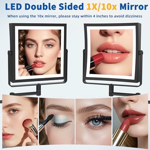 Ruacq Rechargeable Wall Mounted Makeup Mirror with Lights, Double Sided 1X/10X Magnifying Vanity Mirror with 3 Color Lighting, Touch Screen Dimmable, 360° Rotation Extension Foldable Arm(Matte Black) 5