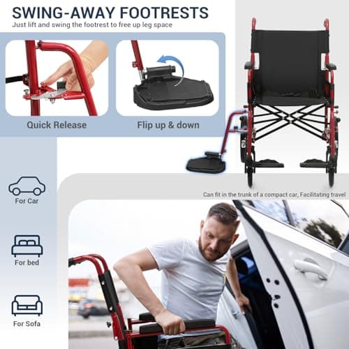 monicare Folding Transport Wheelchair for Adults, Heavy-Duty Wheel Chair with Padded Armrest and Swing-Away Footrest, 18 Inch Wide Seat Transport Chair for Seniors, 300Lbs Capacity, Red 6