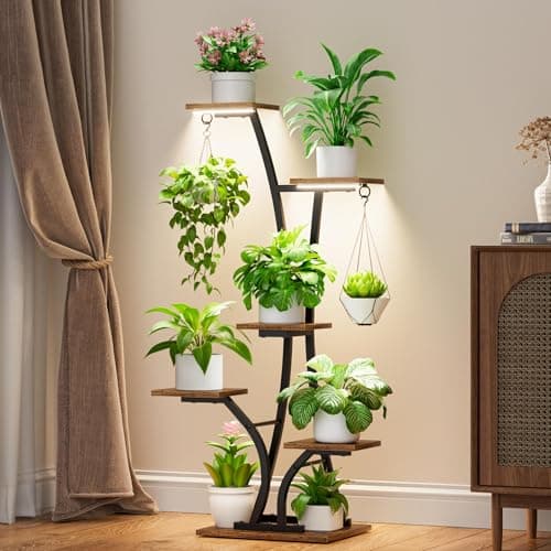 MOSTWOGO Plant Stand with Grow Light for Indoor Plants, 6 Tiered Metal Plant Shelf, 45" Indoor Plant Rack with 7 Shelves and 2 Hooks, Modern Corner Plant Holder for Living Room Balcony Bedroom, Black