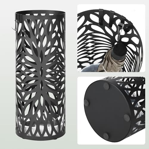 SONGMICS Umbrella Stand, Umbrella Holder for Entryway, Steel Round Umbrella Rack Freestanding, for Canes Walking Sticks, with a Detachable Drip Tray, 2 Long and 2 Short Hooks, Matte Black ULUC022B01 6