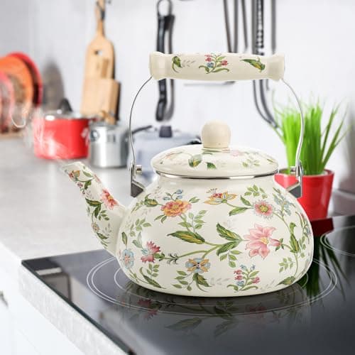 Jucoan 2.6 Quart Vintage Enamel Tea Kettle, Green Floral Enamel on Steel Teapot with Cool Touch Porcelain Handle for Stovetop Home Kitchen Decor, Gift for Housewarming Christmas New Year 5