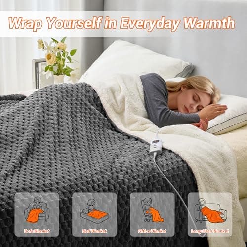 GarveeHome Heated Blanket Electric Blanket Throw Size 50 in x60 in, 6 Heating Levels & 9 Hours Auto Shut Off, Cozy Soft Fleece Fast Heating Blankets Gift, Machine Washable, Grey 6