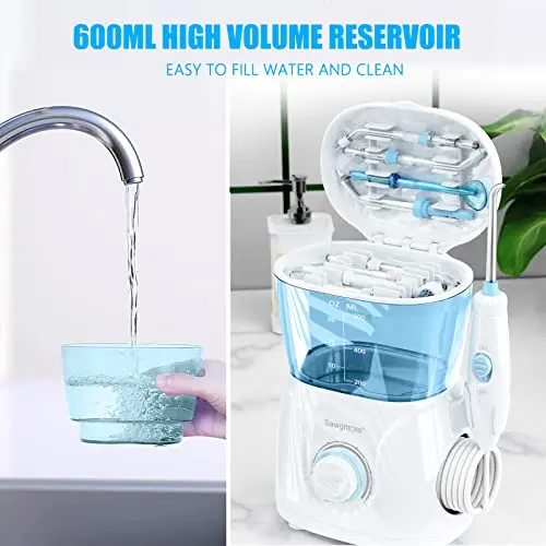 Sawgmore Water Flosser Oral Irrigator, 600 ml Large Capacity, 10 Adjustable Pressures, Electric Flosser for Teeth/Braces, 8 Home Nozzles Oral Irrigator(White) 7