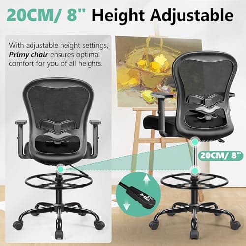Primy Drafting Chair Ergonomic Tall Office Chair, High Back Breathable Mesh Desk Chair with Adjustable Footrest Ring Lumbar Support 2D Armrests, Executive Swivel Comfy Task Chair for Home Work Art 5