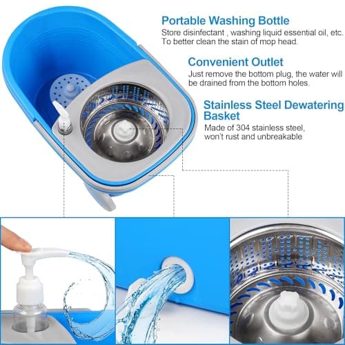 Spin Mop and Bucket with Wringer Set, 3 Washable Microfiber Pads Included for Floor Cleaning, Adjustable Stainless Steel Handle, Easy Moving with Wheels, Blue 5