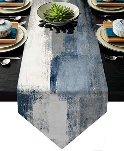 Blue and Grey Table Runner,Blue Abstract Modern Art Burlap Table Runners for Table Dresser Runner Farmhouse Style for Dinner Party Holidays Home Decoration (Blue and Grey, 13"x 71")