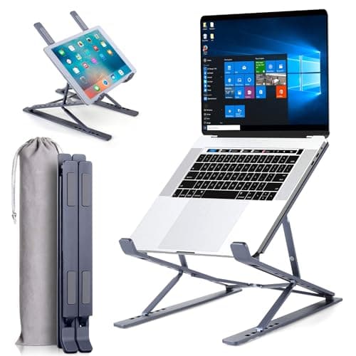HOMELUX THEORY Foldable Laptop Stand for Desk Adjustable Height, Portable Riser for Travel, Aluminum Computer Support and Holder Compatible for MacBook and Devices 15.6" up (Gray)