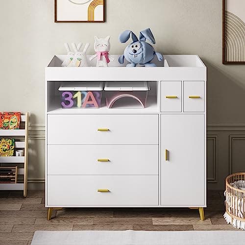 PAKASEPT Changing Table with Drawers, Changing Table Dresser with 5 Drawer & Cabinet 8
