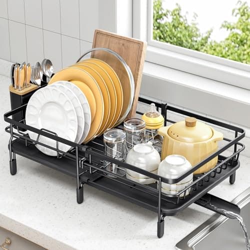 Expandable Dish Drying Rack for Kitchen Counter, Large Extendable Dish Rack with Bamboo Cover Cutlery Holder, Multifunctional Adjustable Dish Dryer Drainer