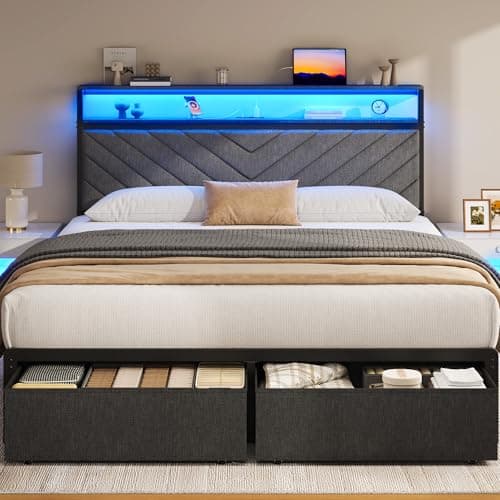Fluest Queen Bed Frame with 2 Drawers, Upholstered Headboard with Storage and Charging Station, LED Lights, Fabric Drawers with Wheels, Under Bed Storage, No Box Spring Needed, Easy Assembly, Grey 8