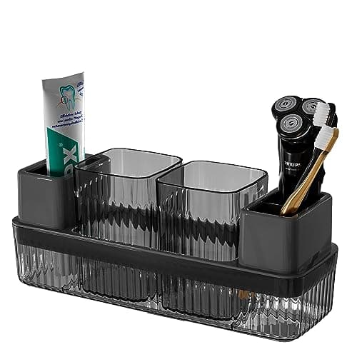Toothbrush Holder for Bathrooms, 2 Cups Toothbrush Organizer for Bathroom Countertop, Toothbrush Holder Toothbrush Storage for Shower, Tooth Brushing Holder Cup Tray and Toothpaste Caddy Black