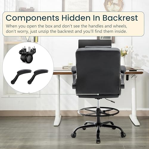 Drafting Chair 500Lbs, Tall Office Chair for Standing Desk, High PU Leather Executive Office Chair with Flip-up Armrests, Ergonomic High Chair with Adjustable Foot Ring, Comfy Stool Chairs, Black 5