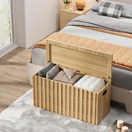 UEV Storage Bench,39.4" Wood Box, Storage Trunk with 2 Safety Hinges, Ottoman Storage Chest, Fluted Storage Bench for Bedroom, Entryway, Living Room(Natural Wood) 2