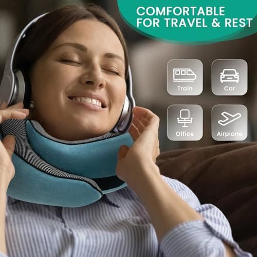 Badink®Memory Foam Neck Travel Pillow, Neck Pillow Airplane with MagicStrap – Adjustable Ergonomic Travel Pillow for Office/Airplane/Car, Washable Cover, Portable Travel Essentials (Peacock Blue) 5