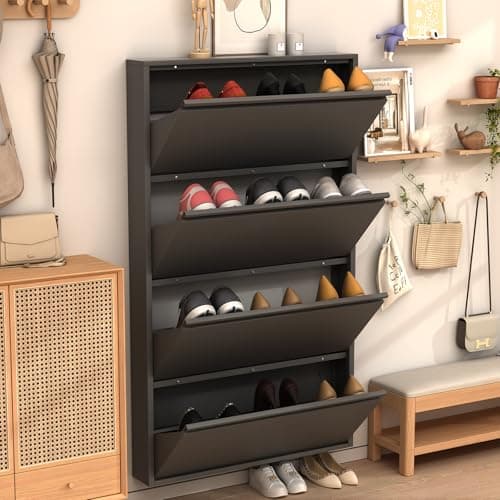 LUCYPAL Shoe Cabinet with 4 Flip Drawers,Slim Shoe Storage Cabinets for Entryway,Black Narrow Wall Shoe Cabinet for Hallway,Living Room, Bedroom
