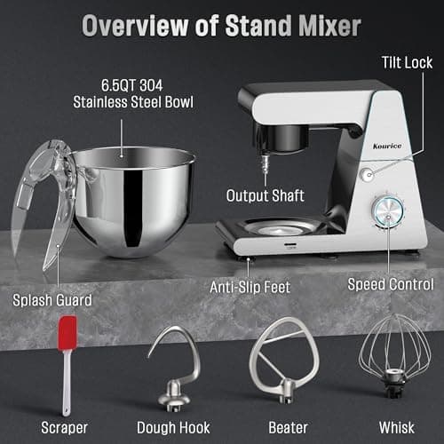 Stand Mixer Body with Stainless Steel Cladding Pro-Grade Powerful Kitchen Mixer for Baking Bread Dough Cake 10+p Speed Tilt-Head Electric Food Mixer With 6.5QT Bowl Dough Hook Wire Whisk Flat Beater 8