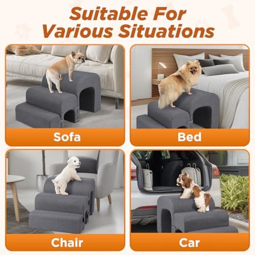SereneCloud Dog Stairs for Small Dogs(Under 22LB), 3-Step Dog Ramp for Bed, Pet Stairs for Small Medium Dogs and Pets with Storage for Bed Couch Sofa Climbing, Lightweight and Comfort, Grey 7