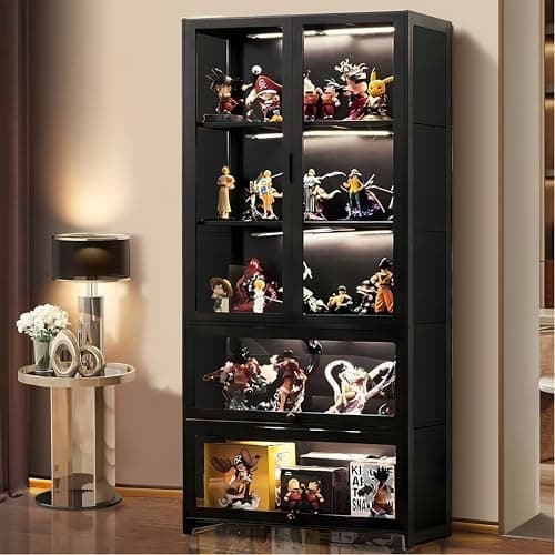 SNVHA-66 Display Cabinet, Curio Display Cabinet with Acrylic Glass Door, Bamboo Storage Cabinet Large Capacity Collectibles Toy Display Case for Living Room, Kitchen, Pantry, Grey 7