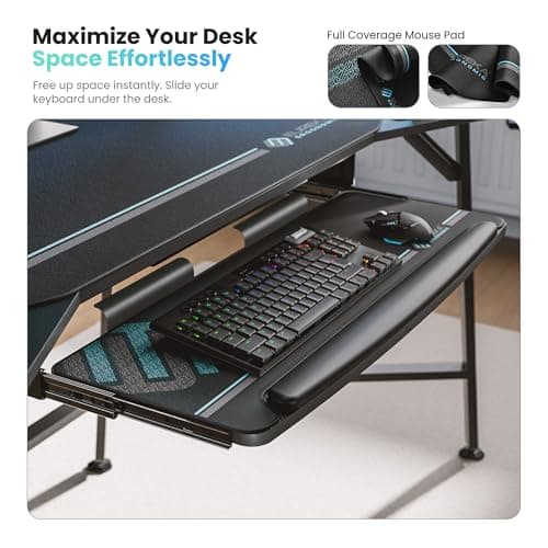 EUREKA ERGONOMIC Aero 72 Inch Gaming Desk with Keyboard Tray, Large Computer Desk Led Lights, Wing-Shaped Monitor Stand Dual Headphone Hanger Cup Holder for Studio,Streamer,Live,Black 8
