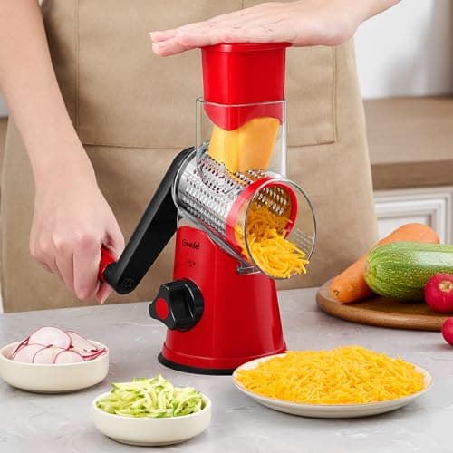 Geedel Rotary Cheese Grater, Kitchen Mandoline Vegetable Slicer with 3 Interchangeable Blades, Easy to Clean Grater for Fruit, Vegetables, Nuts 8