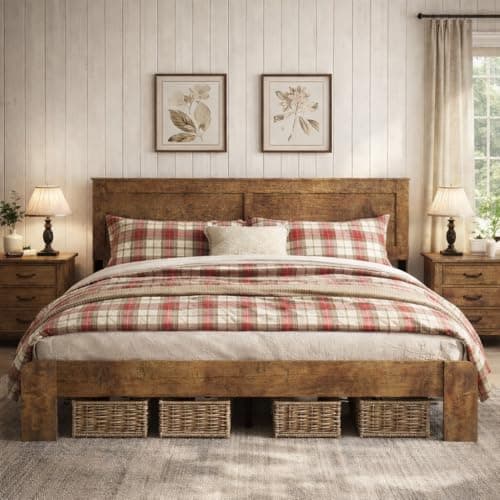 SAMTRA Wooden Bed Frame King Size with Headboard, Farmhouse Platform Bedframe with Wood Slat Support, Sturdy Framework Bed Frame, Easy Assembly (Rustic Brown)