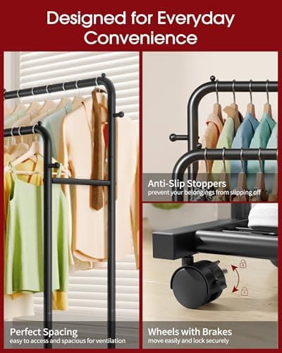 Sakugi Clothes Rack - Double Rods Clothing Rack with Mesh Shelf, Hooks & Wheels, Metal Clothing Racks for Hanging Clothes & Bags, Multifunctional Garment Rack for Laundry, Black, 28.7" x 16.5" x 59.1" 6