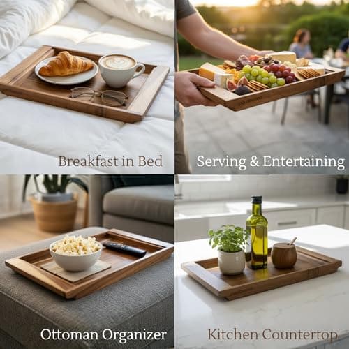 PANDAWOOD Wood Serving Tray with Handles - Large Acacia Wooden Tray for Coffee Table Ottoman Kitchen Counter - Decorative Food Tray Serving Platter - Rectangle Dinner Tray 15.7"x11" 8