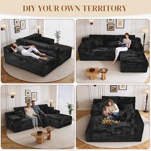 Repantes 108" L Shaped Boneless Sectional Couches for Living Room, Comfy Corduroy Floor Cloud Sofa with Chaise, Wide Armrest, Deep Seat, Memory Foam, Assembly Free, Ideal for Small Spaces, Black 7