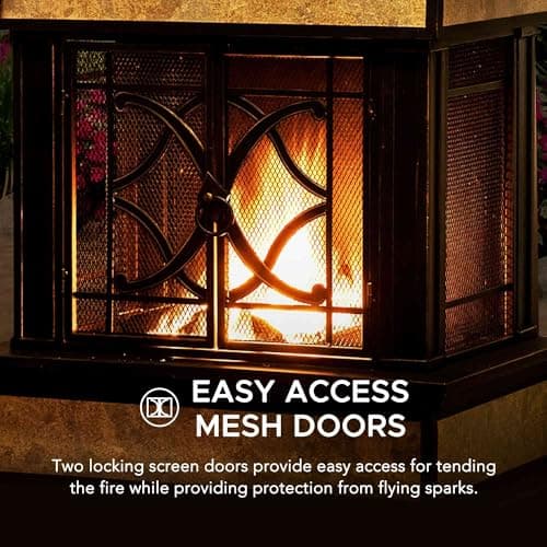 Sunjoy Outdoor Fireplace, Smith Collection Patio Wood Burning Steel Fireplace with Chimney, Spark Screen, Fire Poker, and Removable Grate, Copper with Yellow Tile 7