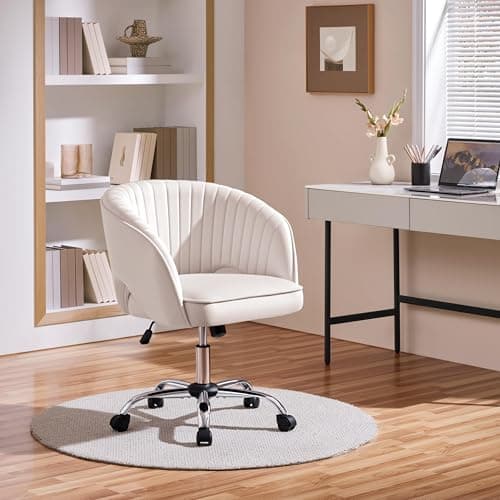 Yaheetech Cute Desk Chair Velvet Vanity Chair with Wheels Home Office Upholstered Modern Swivel Armchair with Tufted Barrel Back for Study, Vanity, Bedroom Cream 8
