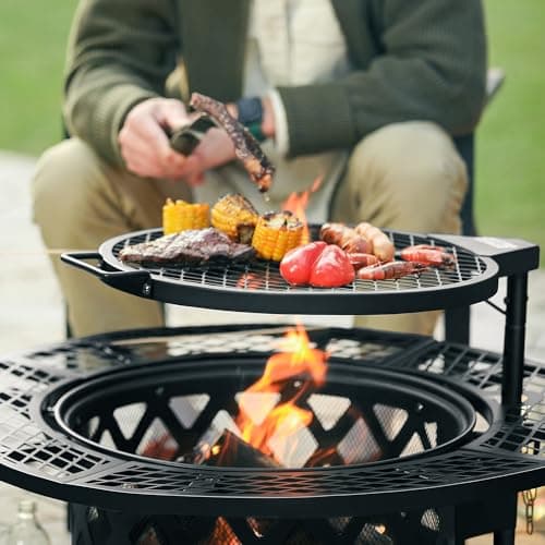 BALI OUTDOORS Fire Pit with Poker, 32 inch Outdoor Fire Pit Patio, Wood Burning Firepits for Outside with Grill 7
