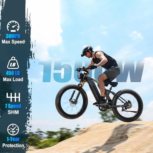 DAMSON Electric Bike for Adults 1500W Peak Motor 48V 20Ah Battery Up to 65 Miles Long Range 30MPH Mountain E Bikes 26" Fat Tire Off-Road Full Suspension Electric Bicycle, Dual Hydraulic Brakes 2