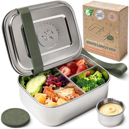 Everusely - Bento Box - Sage, 27oz / 0.8 L - Stainless Steel Lunch Box with Leakproof Condiment Container - 3 Compartment Snack Organizer for On the Go Meals - Freezer & Dishwasher Safe