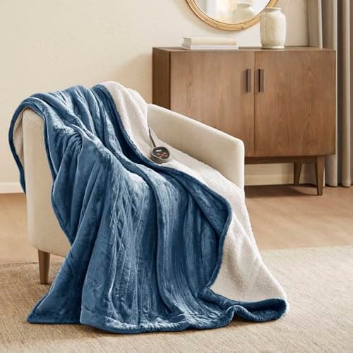 Woolrich Heated Plush to Berber Electric Blanket Throw Ultra Soft Knitted, Super Warm and Snuggly Cozy with Auto Shut Off and Multi Heat Level Setting Controllers, Full: 80x84, Sapphire 8