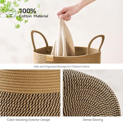 Nunsino Laundry Hamper 95L,Large Laundry Basket for Clothes,Decorative Storage Basket for Blankets,Cotton Rope Woven basket for bedroom,Dark Brown 5