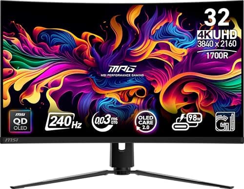 msi MPG 321CURX QD-OLED 32-inch 3840 x 2160 (UHD) Computer Monitor, 240Hz, Adaptive-Sync, HDMI, DP Port, VESA Mountable, Tilt, Speaker, 0.03ms, Black