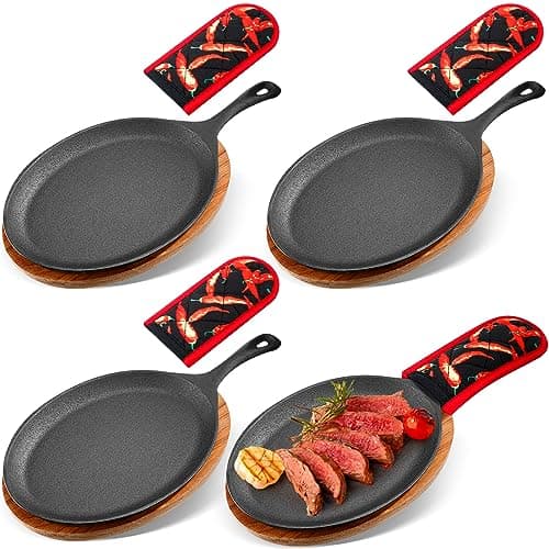 Lallisa 4 Sets Cast Iron Fajita Plate Set Fajita Plate Pan with Wooden Tray Anti Scald Protection Hot Mitt Cast Iron Skillet Set for Home Barbecue Kitchen Party Restaurant Catering Service