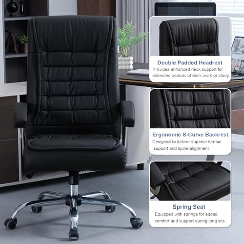 Hoxne Executive Office Chair Adjustable Leather Chair, High Back Swivel Office Desk Chair with Padded, Armrest 350lbs Load-Bearing Spring Seat Computer Desk Chair for Home Office (Black) 7