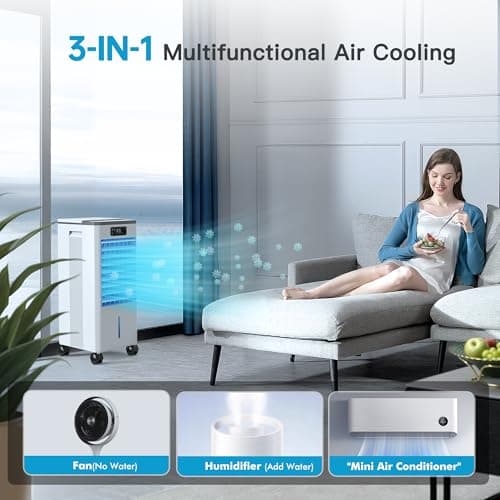 WICOLO Windowless Portable Air Conditioners Fan, Evaporative Air Cooler w/3 Modes & 3 Speeds, 12H Timer for Smart Auto-off, 2-Gal Tank for 20H Cooling,16FT Remote,No Hose Needed,46db Swamp Cooler 8
