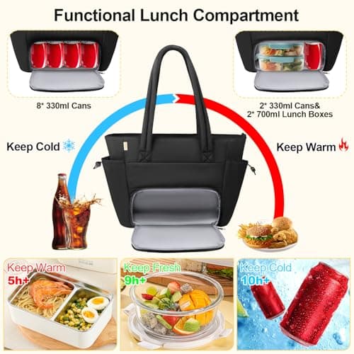 Veirdro Work Laptop Tote Bag for Women with Insulated Lunch Compartment, Lightweight Puffy Lunch Tote Bag with 15.6 Inch Laptop Compartment, Quilted Laptop Bags for Office Commuter Teacher Nurse Black 3